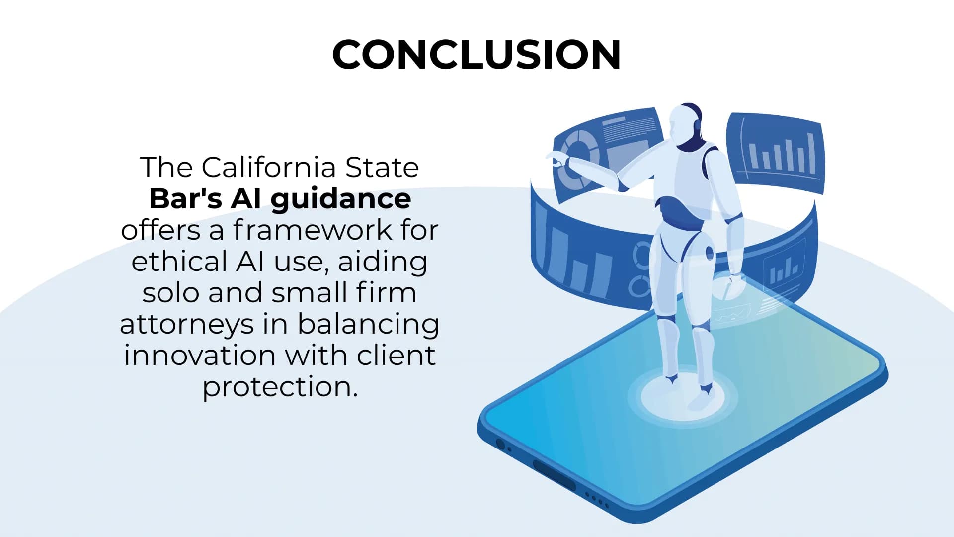 California Bar AI guidance summary with robot and phone graphic, stressing ethical use for small law firms.