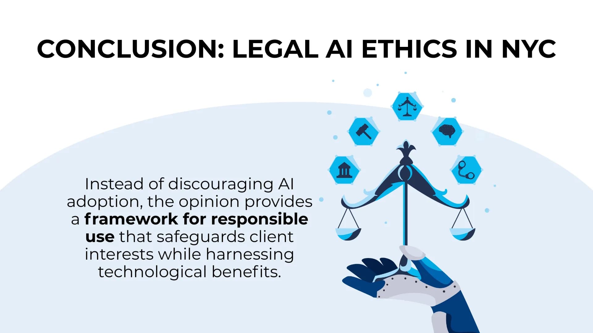 A robotic hand holds a justice scale and a summary of NYC's legal ethics position on AI.