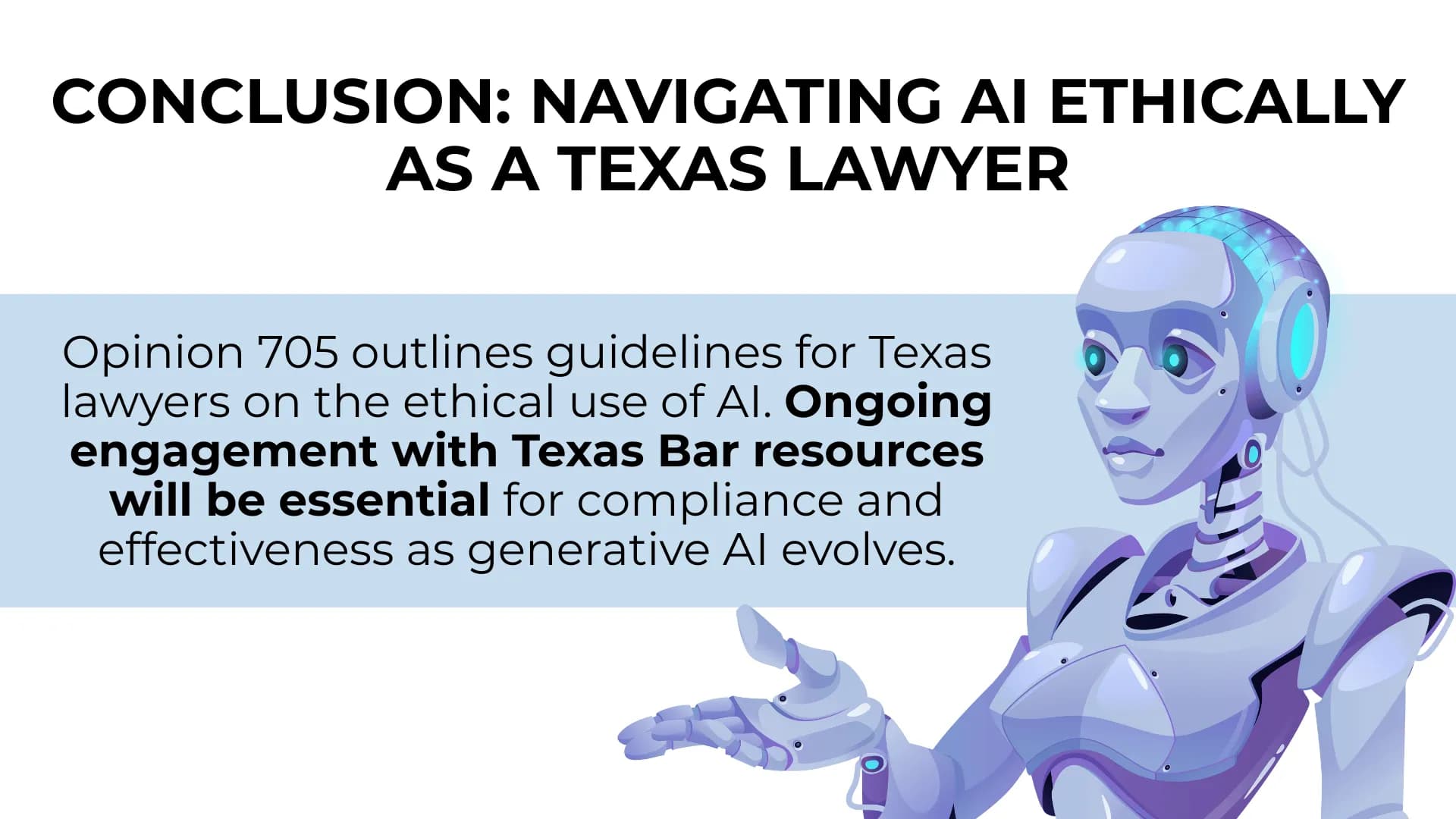 California Bar AI guidance summary with robot and phone graphic, stressing ethical use for small law firms.