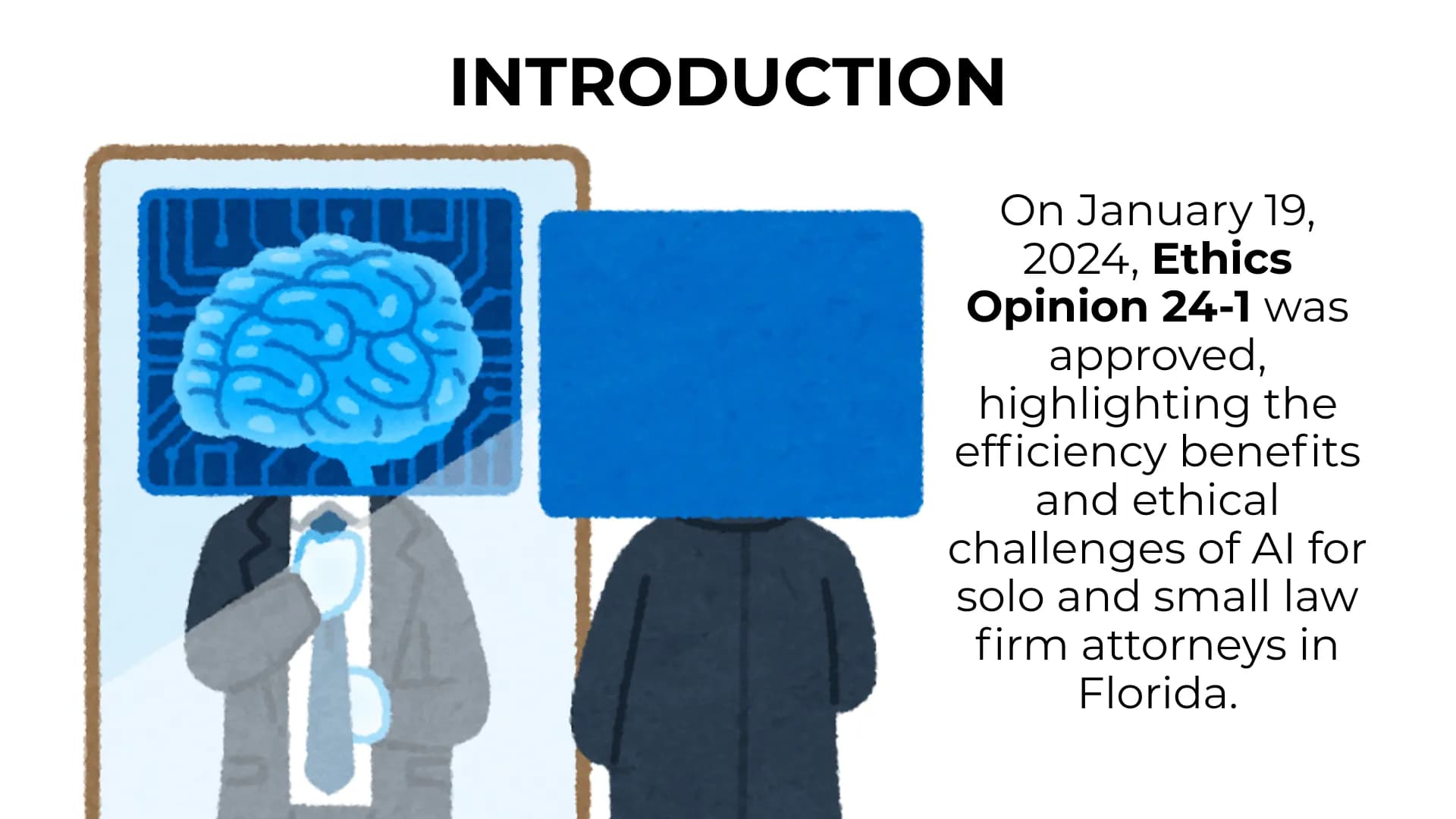 AI brain graphic with text introducing Florida's Ethics Opinion 24-1 for small law firms using AI.