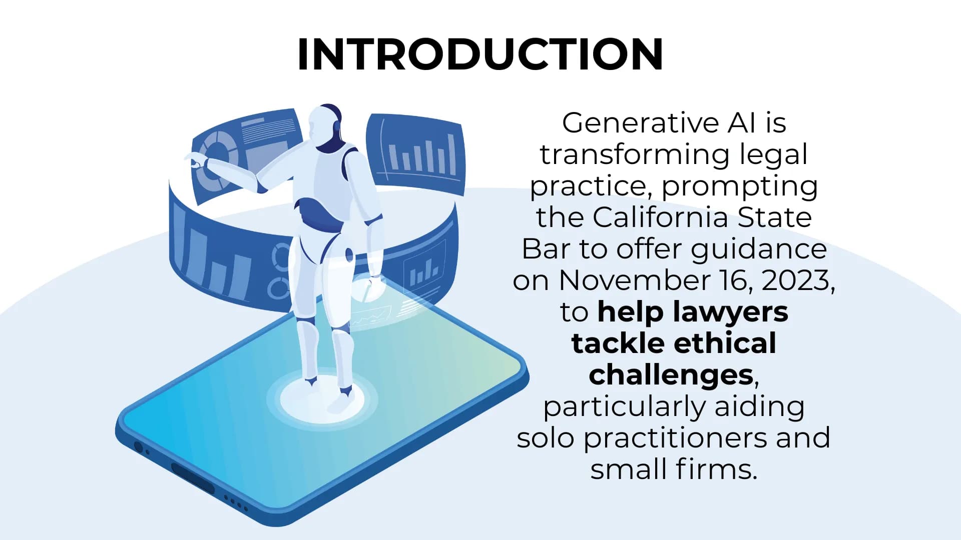 AI robot on phone with intro text about California Bar's 2023 guidance to help solo lawyers use AI ethically.