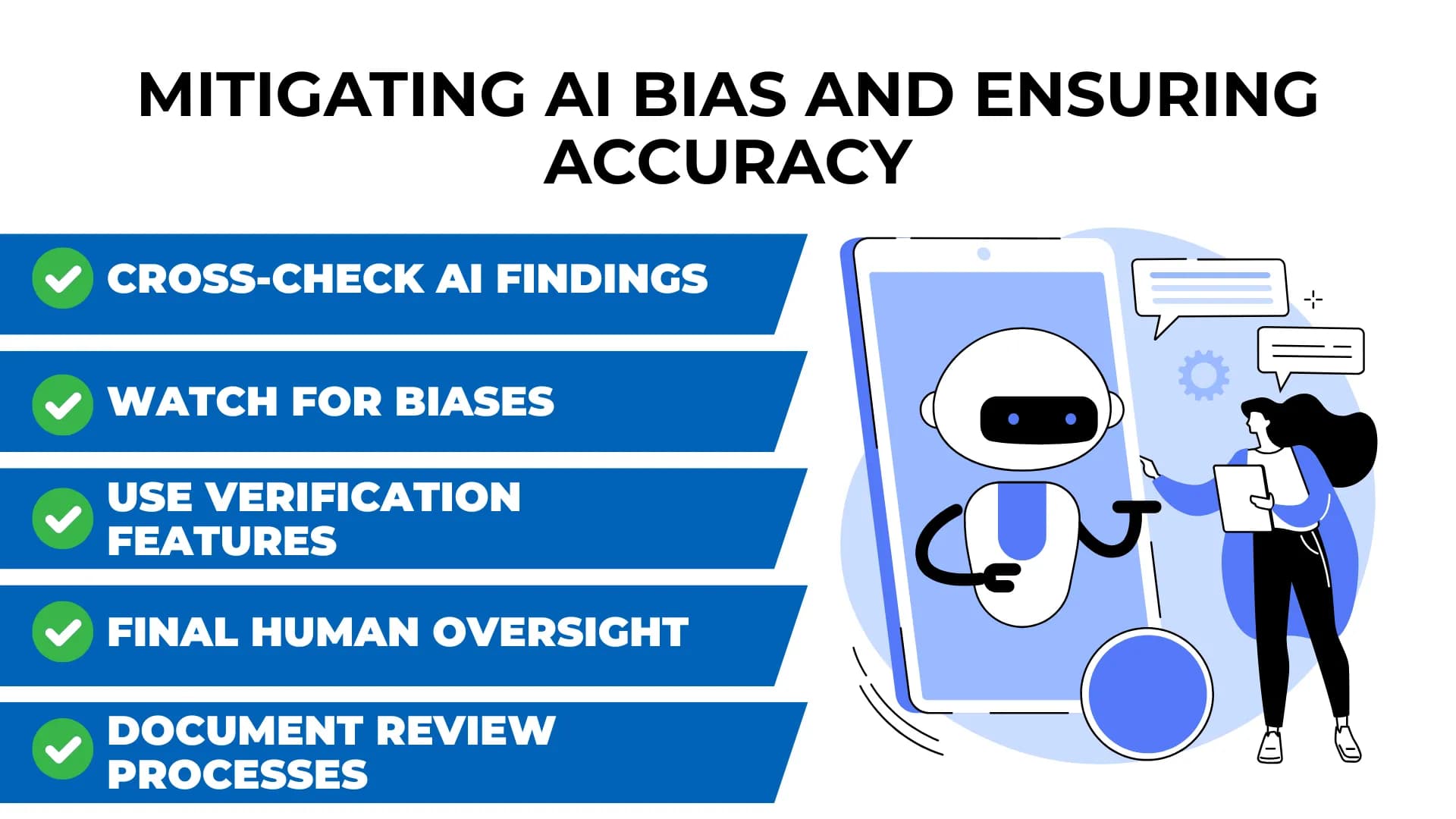 Robot and attorney collaborate beside a list with green checkmarks: "Cross-check AI," "Watch for biases," and "Final human oversight."
