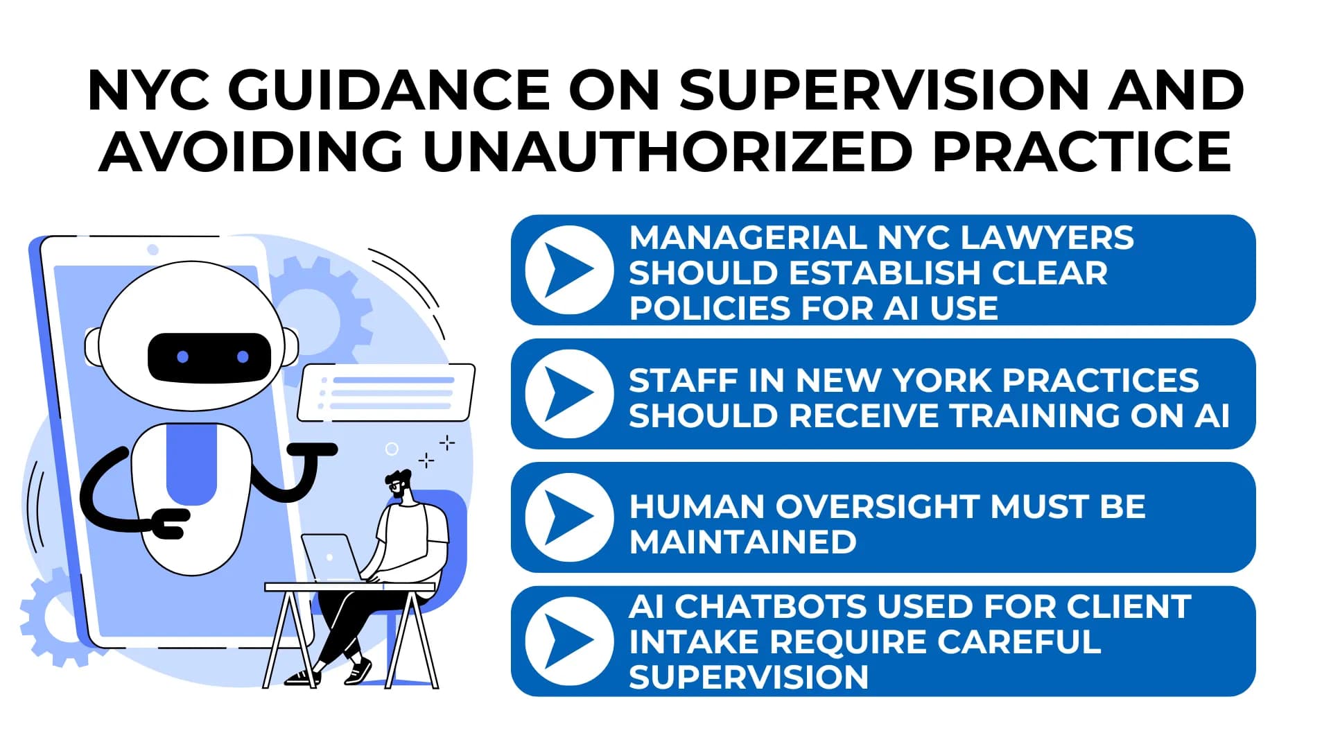Cartoon AI assistant next to lawyer graphic with NYC Bar rules about training, oversight, and chatbots.