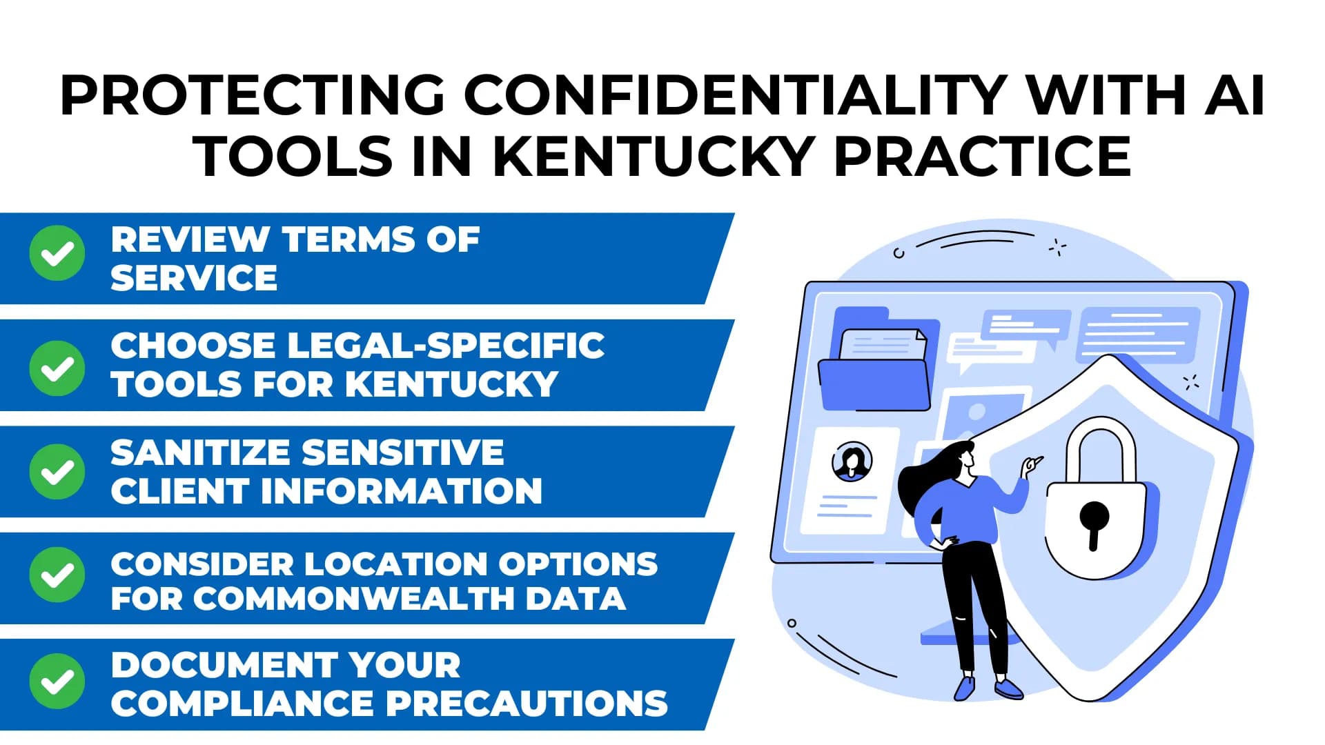 Graphic shows how to protect client info in Kentucky AI use—features a lock shield and lawyer with a screen.