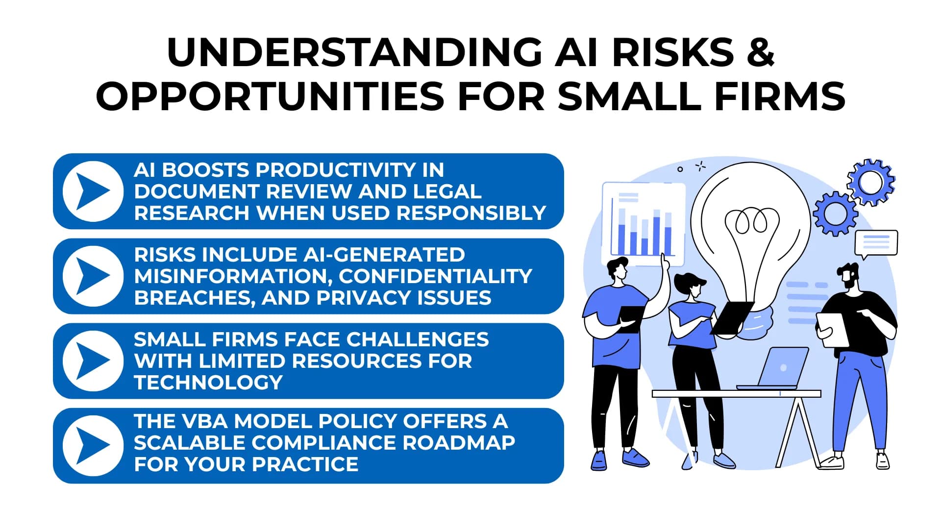 Three professionals share ideas near a lightbulb with tips on AI risks, benefits, and policy help for small firms.