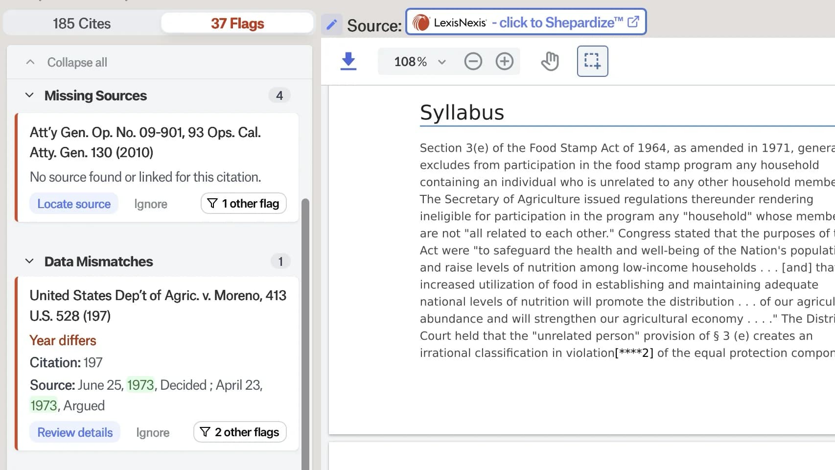 Clearbrief cite check listing 185 cites and 37 flags, including a missing source and a data mismatch where a citation's year differs from the source, beside the source document.
