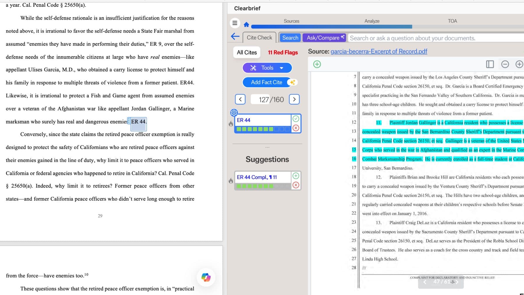 Microsoft Word with the Clearbrief task pane open. A selected sentence in the brief is matched to its supporting source in the record, with citation verification shown in the Clearbrief panel.