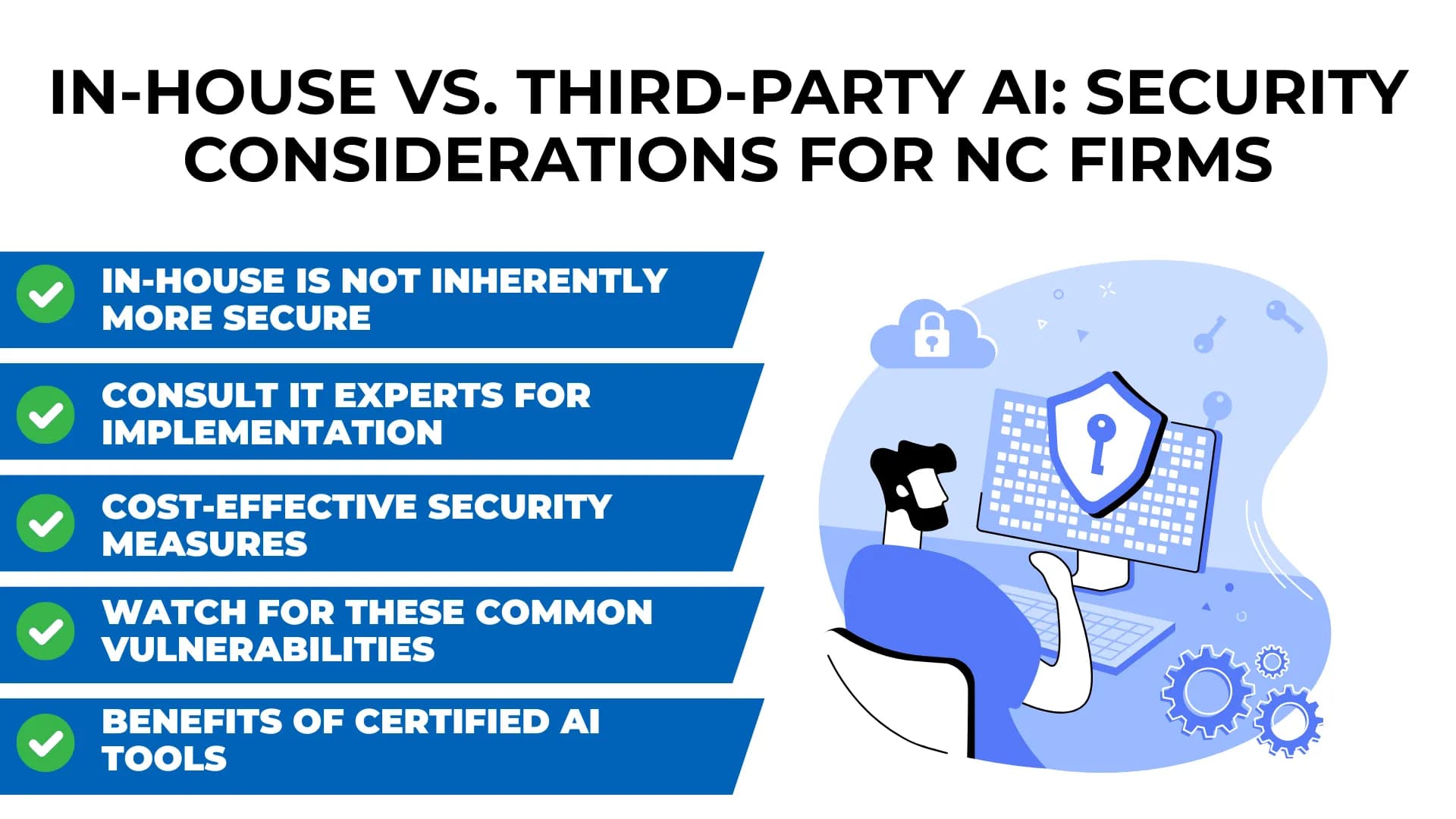 A person at a desk views a shielded screen as checklists guide NC law firms on smart, secure AI implementation.